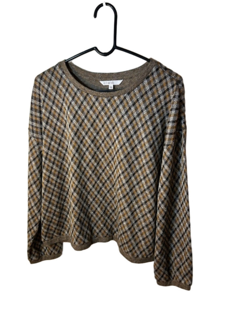cleo Diagonal Plaid Knit Long-Sleeve Top in Brown and Black size XXL